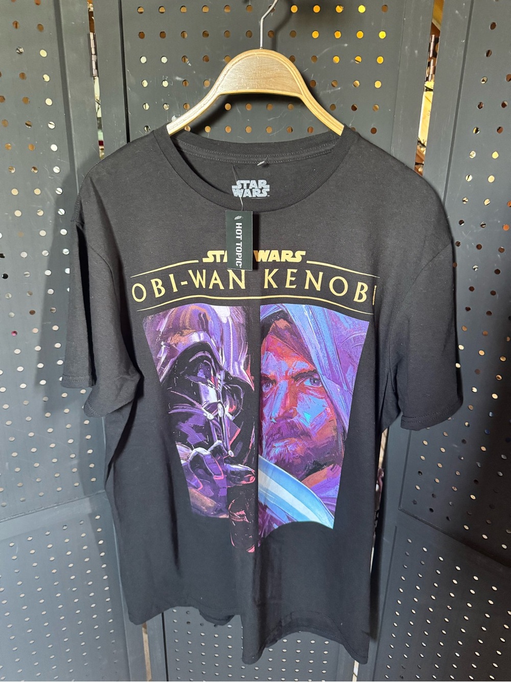 Hot Topic Black Obi-Wan Kenobi Graphic Tee with Purple & Blue Art